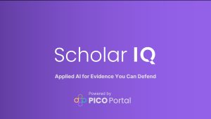 Scholar IQ promotional banner with purple gradient background and PICO Portal branding