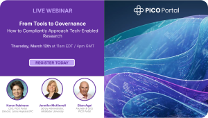 PICO Portal live webinar banner about governance and tech-enabled research with speaker headshots and registration button